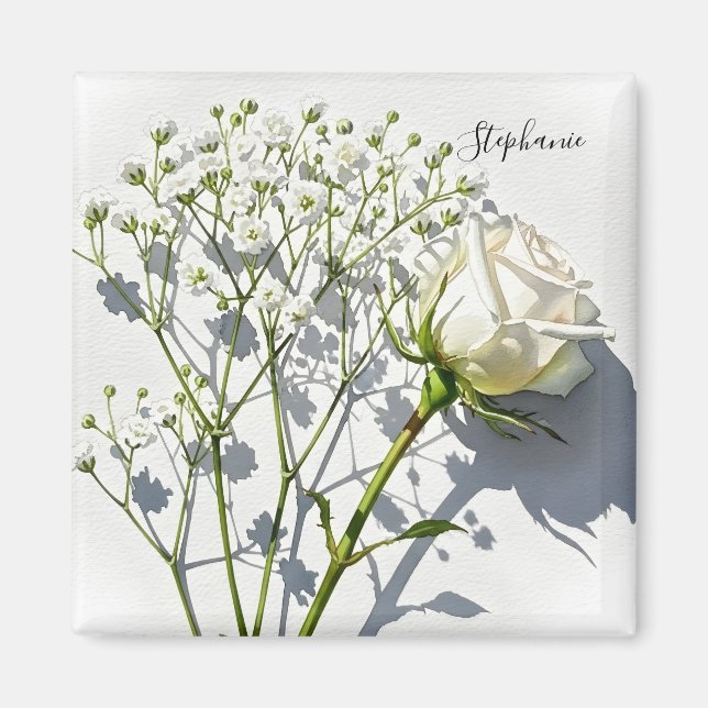 Íman Ímã Floral de Rosa Branca Personalizado (Frente)