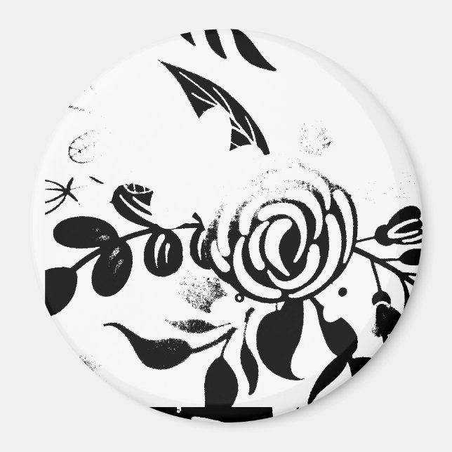 Íman Ímã Floral Desbotado Preto e Branco Clássico 3" (Frente)