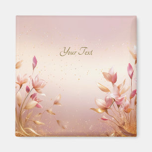 Íman Ímã Floral Folhas Douradas Rosa