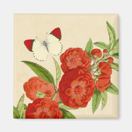 Íman Ímã floral vintage com flor vermelha e borboleta