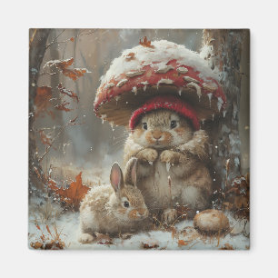 Íman Ímã Presente de Coelhinho Fofo na Neve na Temporad