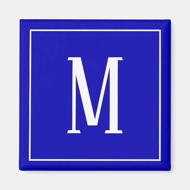 Íman Ímã Quadrado com Monograma Branco em Azul Real (Frente)
