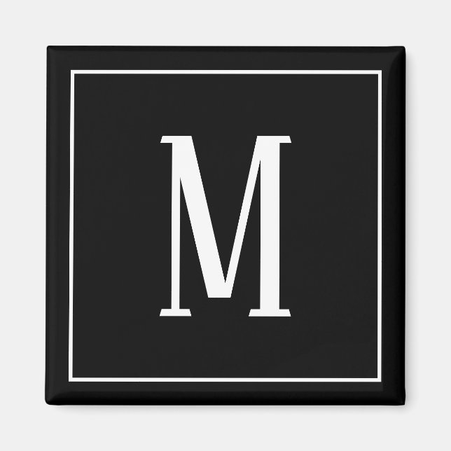Íman Ímã Quadrado com Monograma Branco no Preto (Frente)