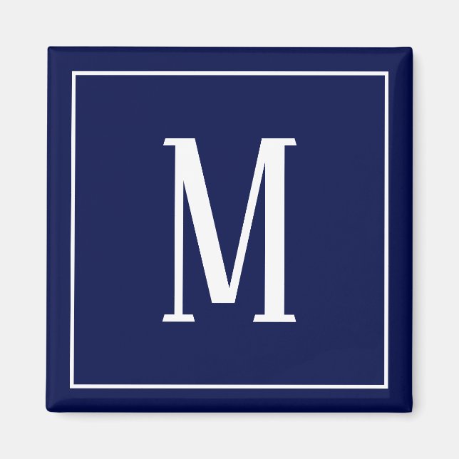 Íman Ímã Quadrado com Monograma Branco sobre Azul Marin (Frente)