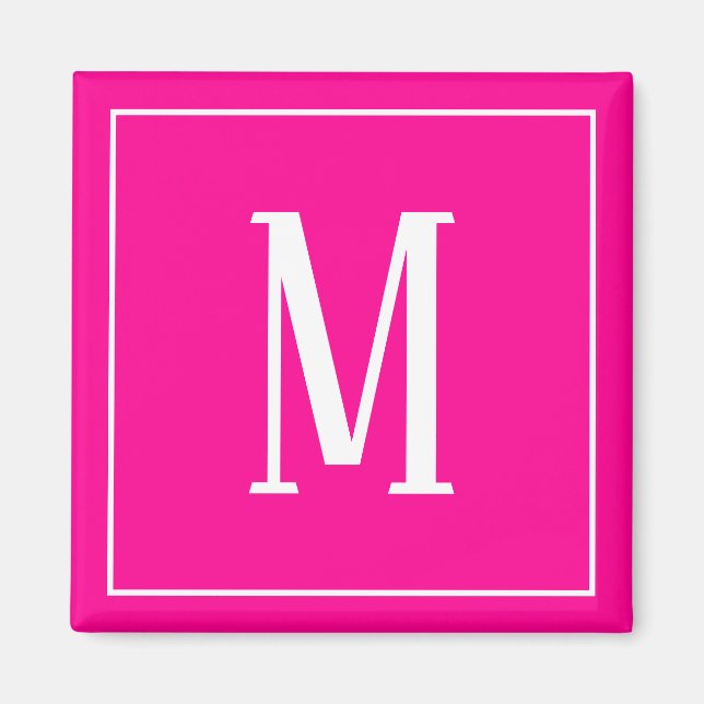 Íman Ímã Quadrado com Monograma Branco sobre Rosa Vibra (Frente)