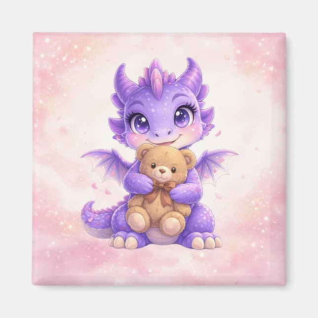 Íman Ímã Quadrado de Bebê Dragão Fofo Abraçando Urso de (Frente)