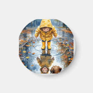 Íman Ímã Redondo Criança com Casaco Amarelo na Chuva