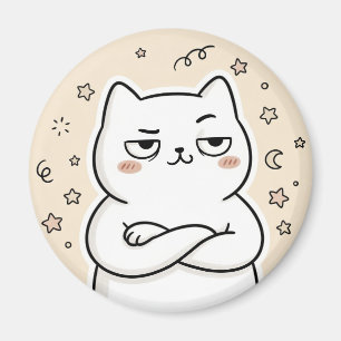 Íman Ímã Redondo de Gato Branco Mal-Humorado Fofo Kawai