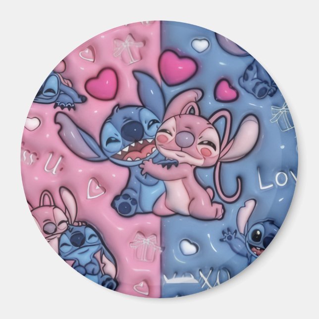 Íman Ímã Redondo Fofo Stitch e AngelÍmã (Frente)