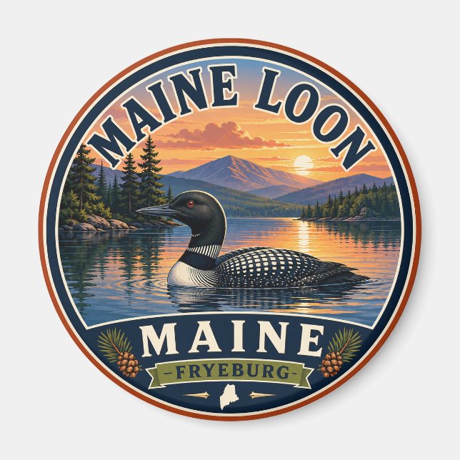 Íman Ímã Redondo Maine Loon Fryeburg Maine (Frente)