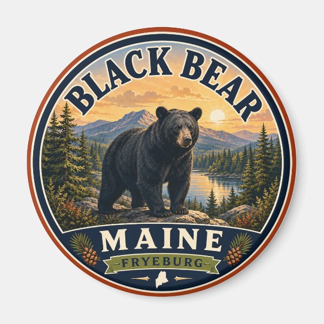Íman Ímã Redondo Urso Preto Fryeburg Maine (Frente)