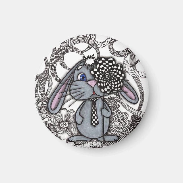 Íman Ímã Redondo Zen Doodle de Coelho Bonito Desenhado  (Frente)