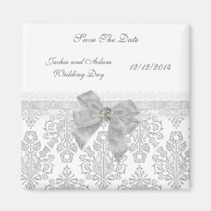 Íman Ímã Salvar Data Casamento Damask Branco