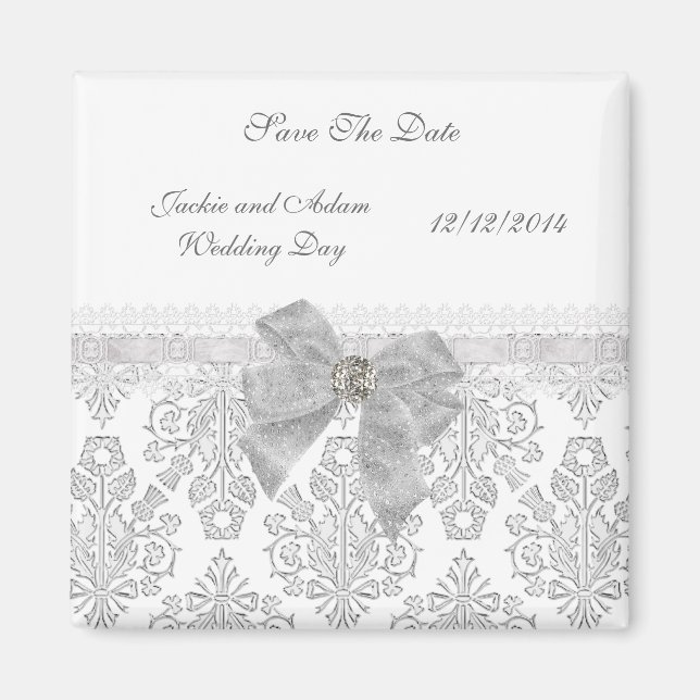Íman Ímã Salvar Data Casamento Damask Branco (Frente)