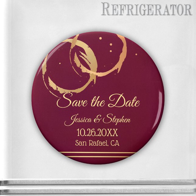 Íman Imã salve a data de Dourado vinho (Save the Date magnet featuring gold and rose gold colored wine rings with sparkles on burgundy)
