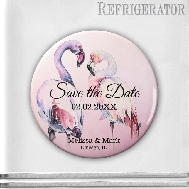 Íman Imã salve a data de Flamingos Cor-de-Água Rosa (Save the Date magnet featuring a watercolor painting of two flamingos on a pink background.)