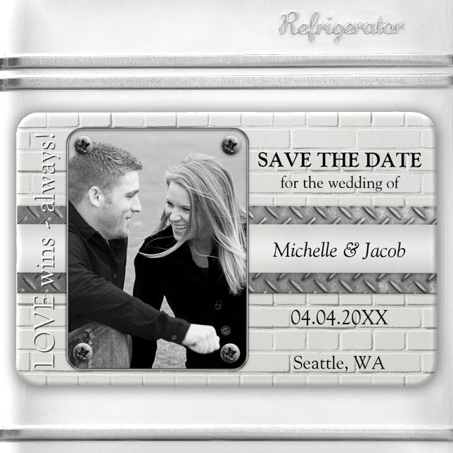 Íman Imã salve a data de Fotografias Industriais Silver (B&W Save the Date magnet with your own photo on an industrial design with white bricks and silver)