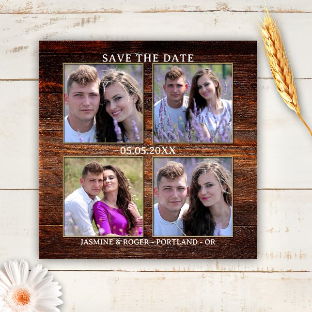 Íman Imã salve a data de Fotografias Personalizadas Rus (Save the Date magnet featuring your own 4 photos framed by a rustic wood background.)