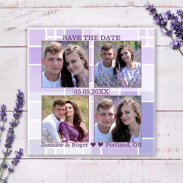 Íman Imã salve a data de Fotos Verificadas pela Lavanda (Save the Date magnet featuring your own 4 photos framed by a checkered lilac and lavender background)