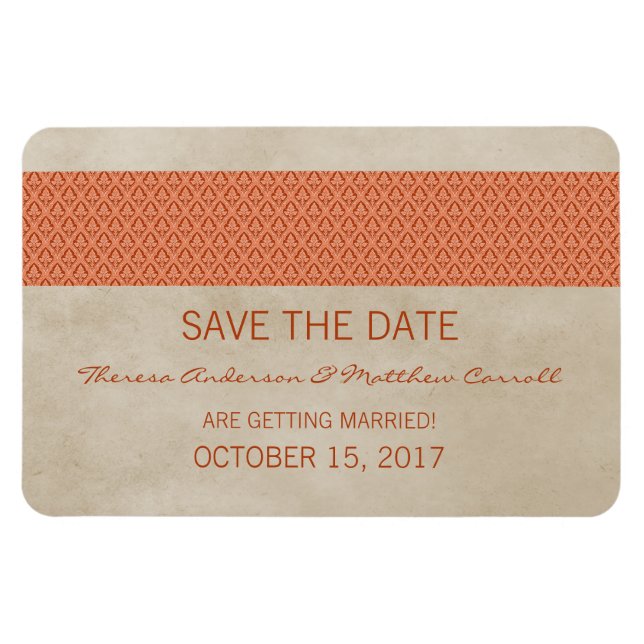 Íman Imã salve a data Rustic Damask, Laranja (Horizontal)