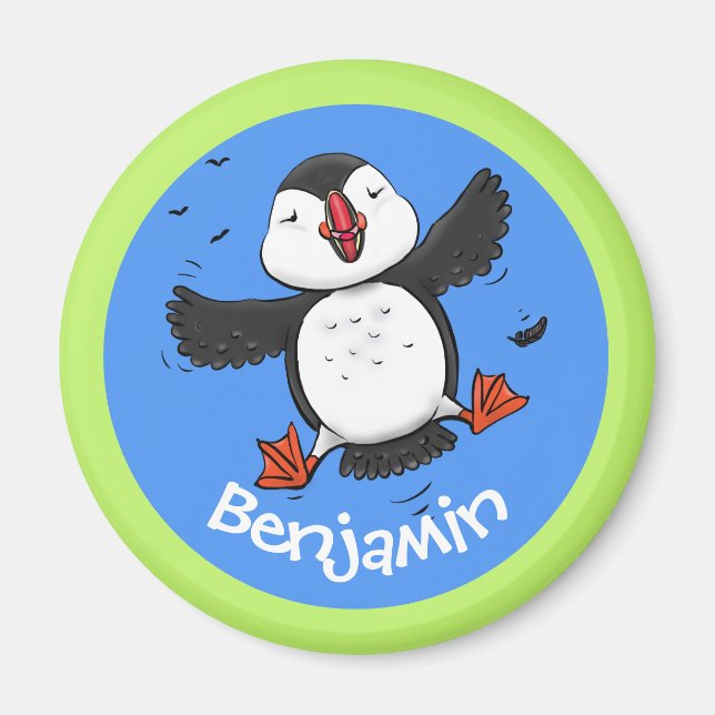 Íman Imagem de desenho animado de puffin voador feliz e (Frente)