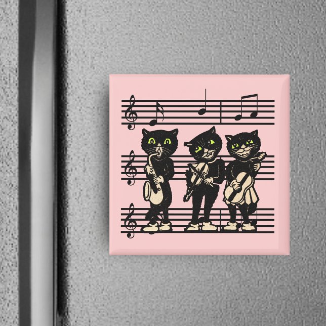 Íman Imagem de Gatos Negros Musicais (Three jazz musicians black cats green eyes on sheet music on pink square magnet.)