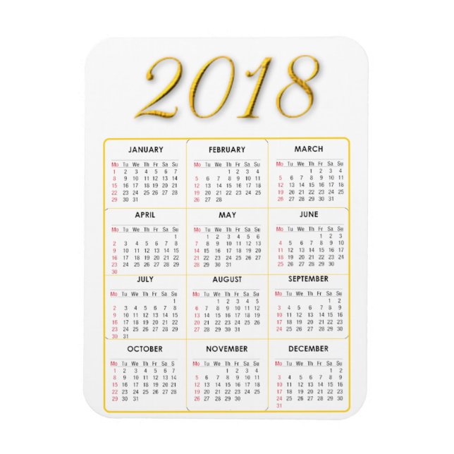 Íman Imagem do Calendário 2018 Dourado e Branco (Vertical)