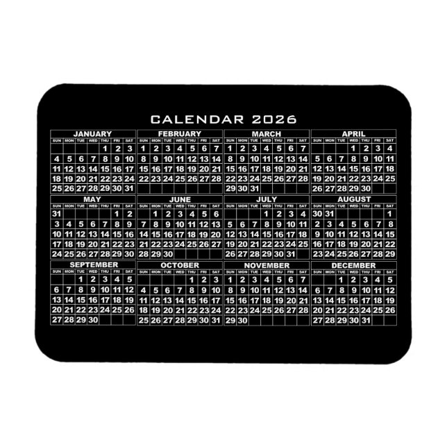 Íman Imagem do Calendário 2026 Preto (Horizontal)