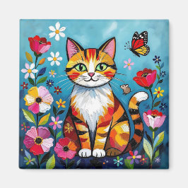 Íman Impasto Cat, Flowers & Butterfly