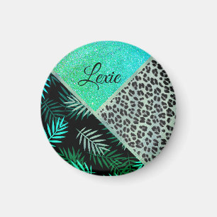 Íman Impressão Tropical Leopardo de Teal com Glittery