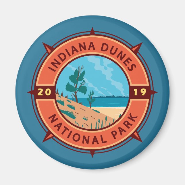 Íman Indiana Dunes National Park Retro Compass Emblem (Frente)