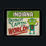 Íman Indiana Robot - Funny Vintage<br><div class="desc">Um charmoso imã de geladeira de viagens vintage de Indiana com um robô engraçado e amigável,  junto com um texto divertido no estilo retrô que diz,  "Veja você em Indiana"</div>