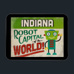 Íman Indiana Robot - Funny Vintage<br><div class="desc">Um charmoso imã de geladeira de viagens vintage de Indiana com um robô engraçado e amigável,  junto com um texto divertido no estilo retrô que diz,  "Veja você em Indiana"</div>
