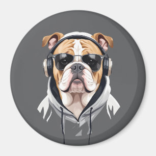 Íman Inglês Buldogue Vestindo Hoodie Funny Legal Música