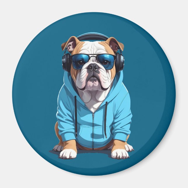 Íman Inglês Buldogue Vestindo Hoodie Funny Legal Música (Frente)