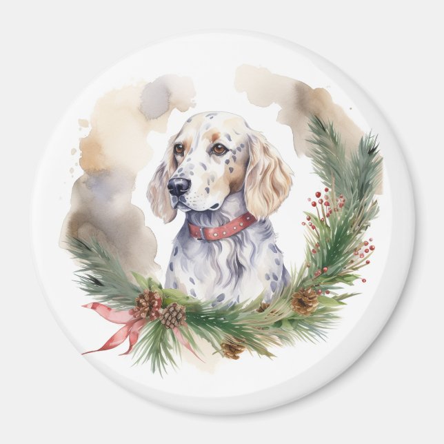 Íman Inglês Setter Christmas Wreath Festivo Pup (Frente)