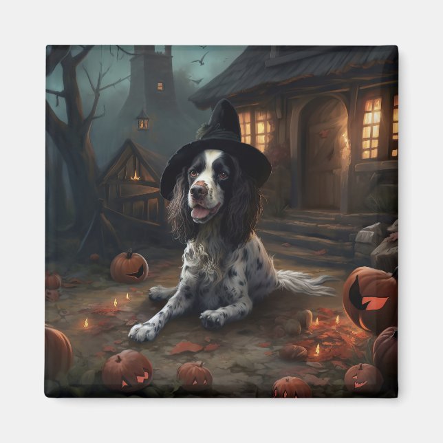 Íman Inglês Springer Spaniel Pumpkins Halloween Scary (Frente)