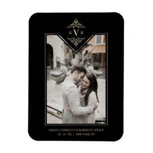 Íman Iniciais de Ouro Chic Flourish, sofisticado, preto