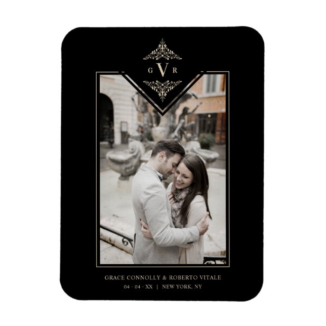 Íman Iniciais de Ouro Chic Flourish, sofisticado, preto (Vertical)