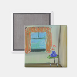 Íman Interior Doce Com Cortinas Laranja Arte Original