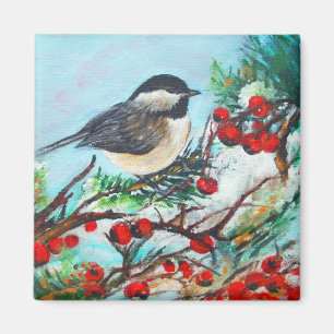 Íman Inverno Chickadee-Doce pássaro Preto-Tampado do