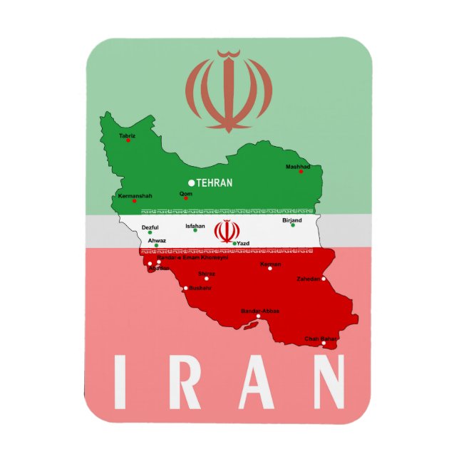 Íman Iran Map with Flag and Emblem (Vertical)