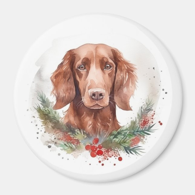 Íman Irlandês Red Setter Christmas Wreath Festivo Pup (Frente)