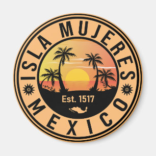 Íman Isla Mujeres Mexico Retro Sunset Souvenirs Palm