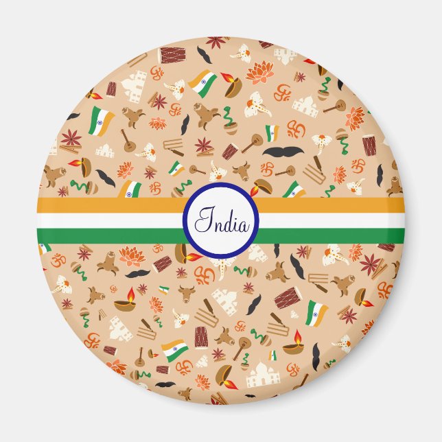 Íman Itens culturais indianos com bandeira e texto (Frente)