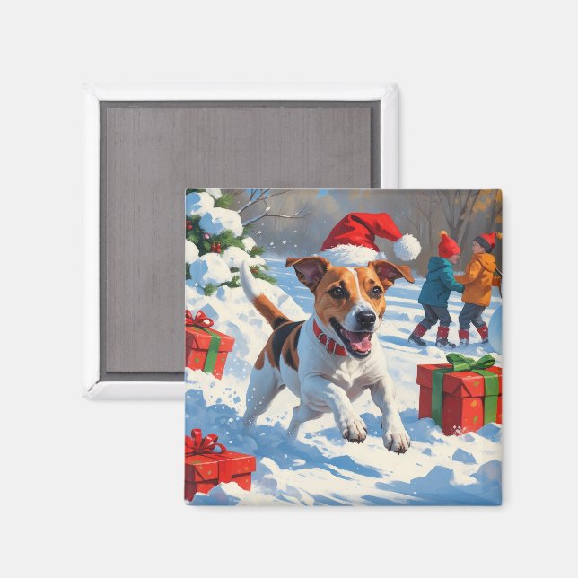 Íman Jack Russell Correndo na Neve com Chapéu de Natal (Front/Back)