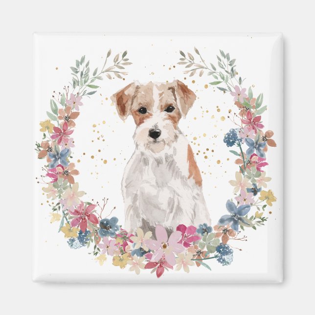 Íman Jack Russell Terrier Spring Flowers Wreath (Frente)