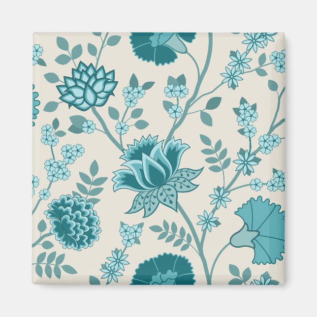 Íman Jacobean Floral Lg Patterna Teals em Creme (Frente)