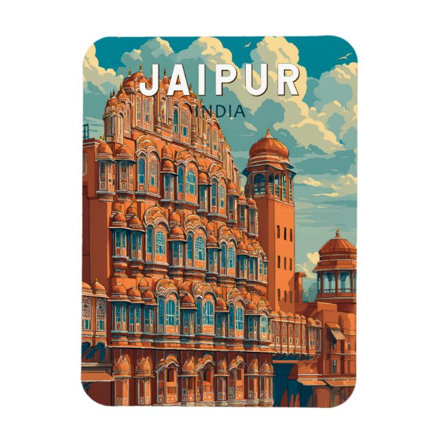 Íman Jaipur India Illustração Viagem Art Vintage (Vertical)