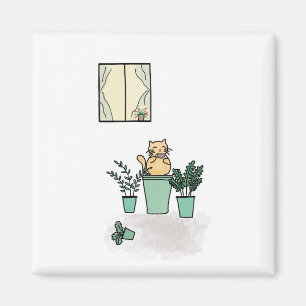 Íman Janela Café Gato Plantas Planilhas Verde